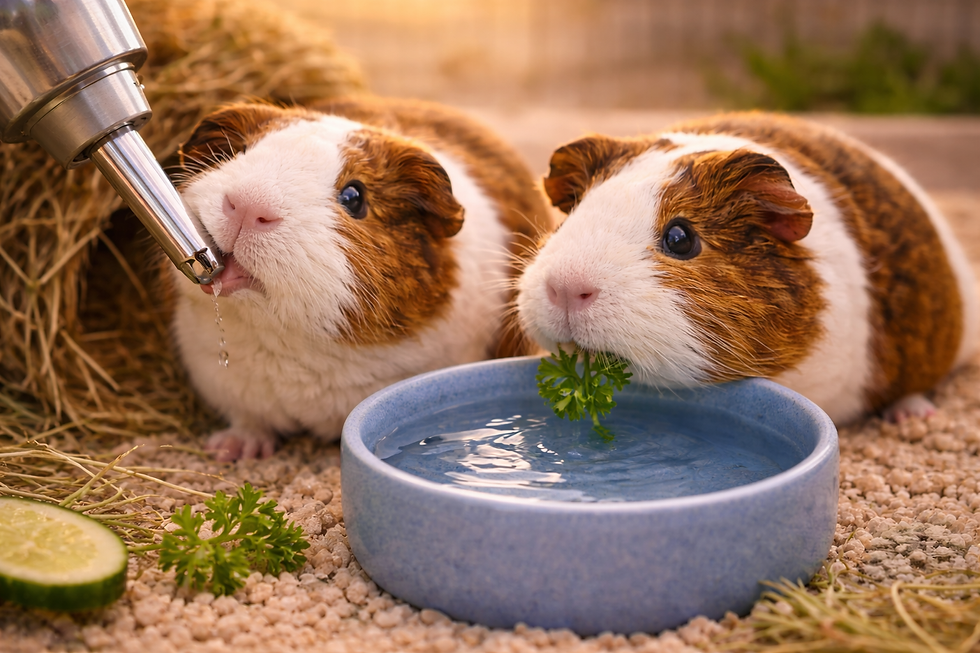 Two guinea pigs are getting a drink of water.