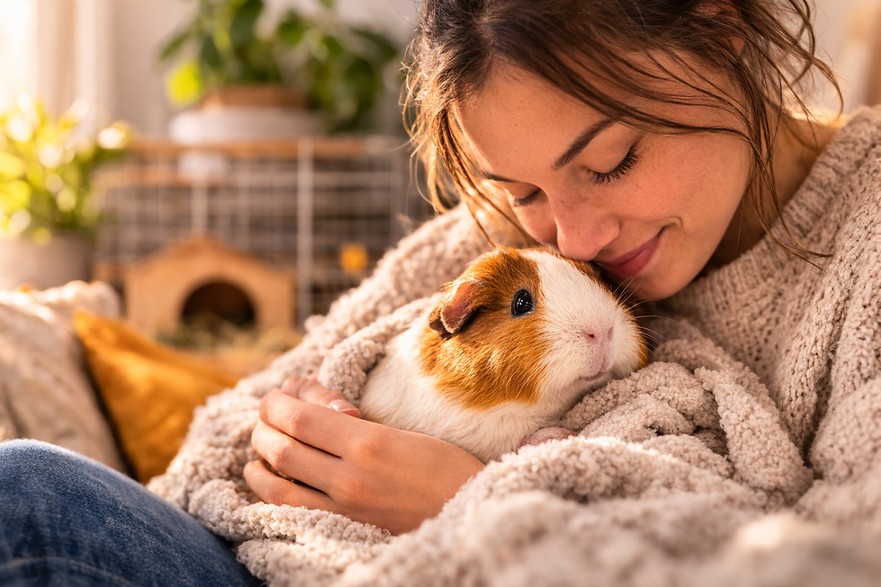 A woman is snuggling with her guinea pig.
