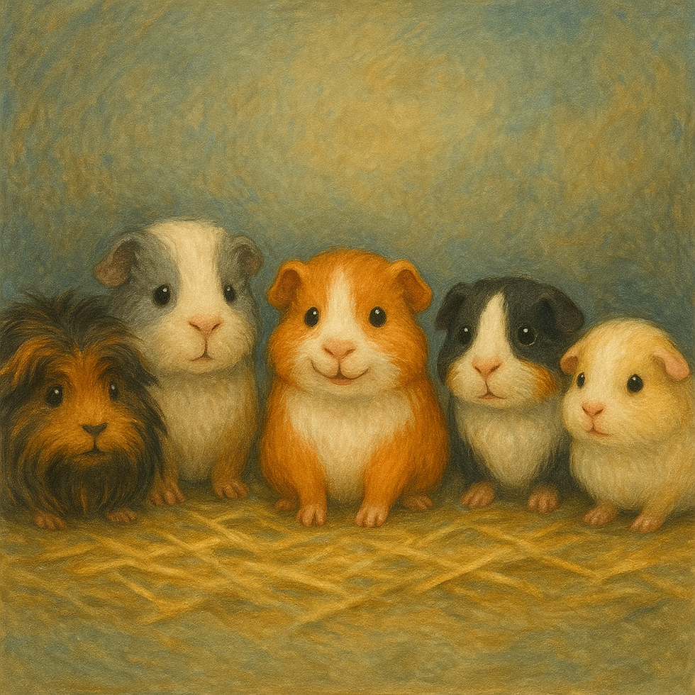 Five guinea pigs of different ages and breeds are sitting in a row.