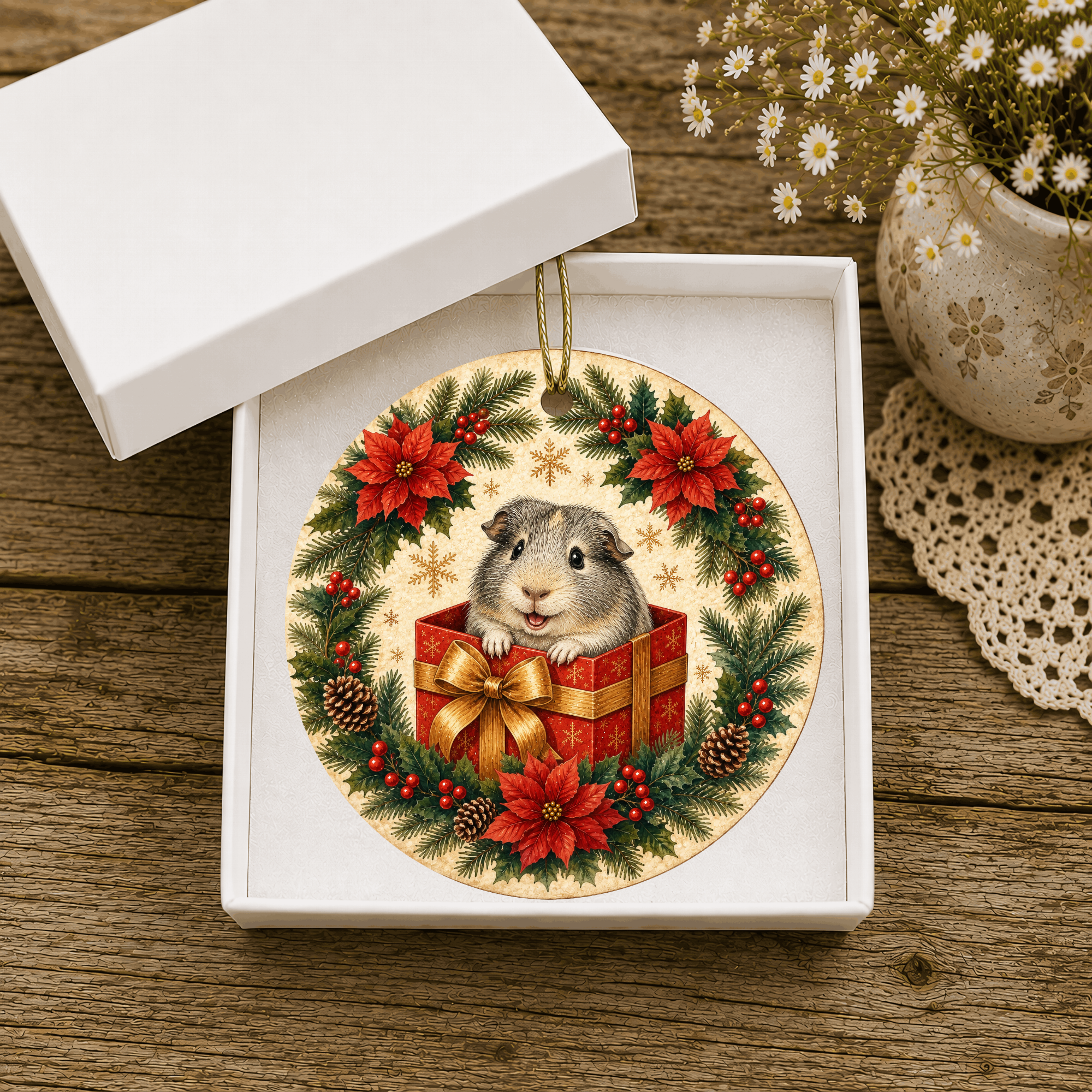 Guinea Pig Christmas Ornament | Piggy in Gift Box | Poinsettia Holiday Decor