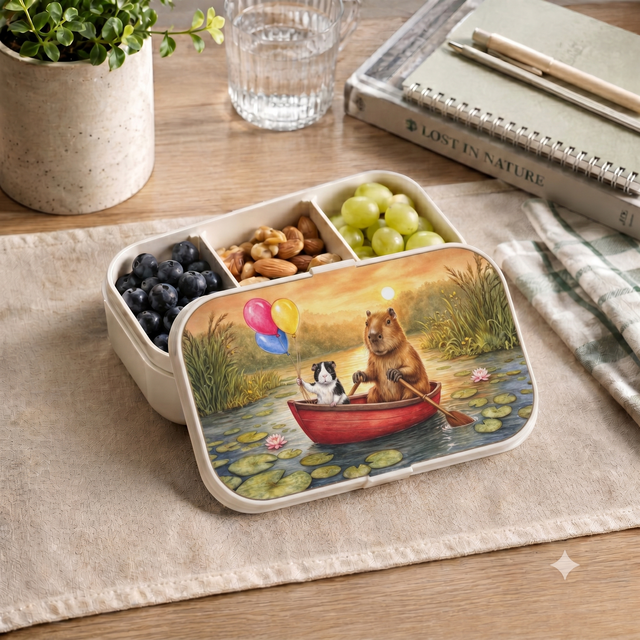 Guinea Pig & Capybara Canoe Bento Lunch Box - Sunset Balloons Design