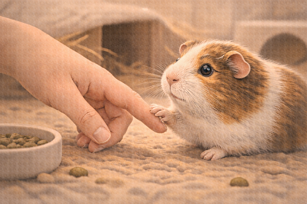 A guinea pig sets a paw on its owner's hand.