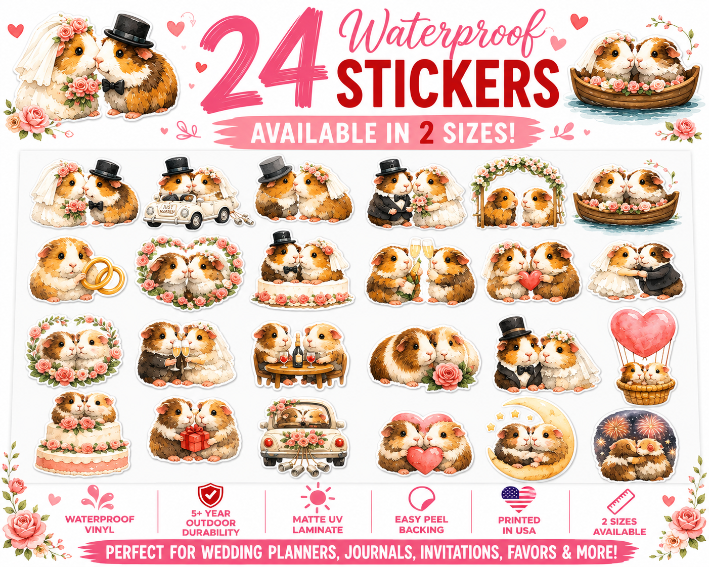 Wedding Guinea Pig Stickers | Cute Bride and Groom Sticker Sheet for Planner