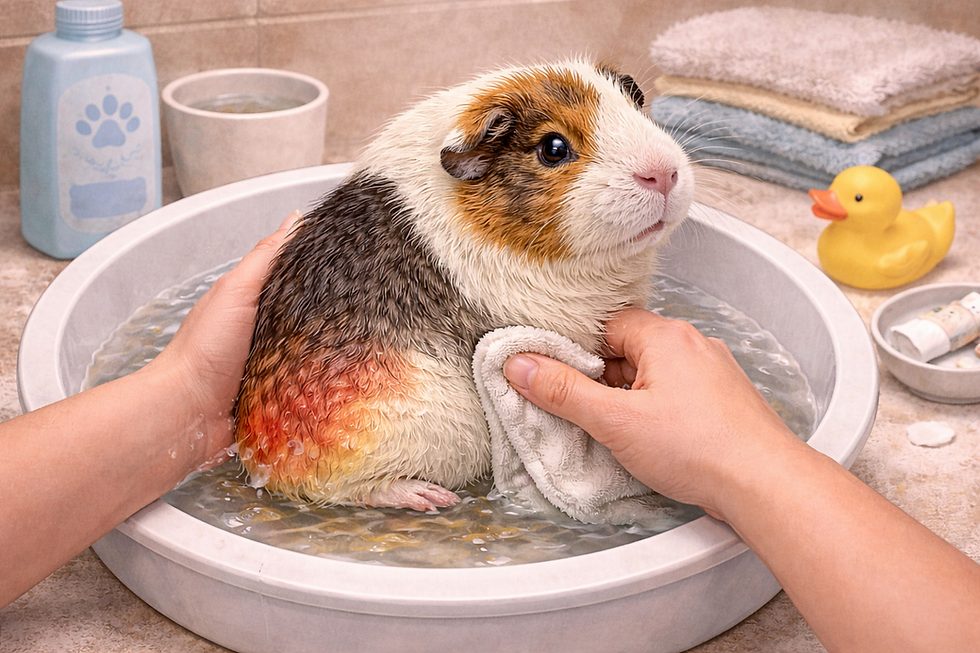 A guinea pig is getting a bath.