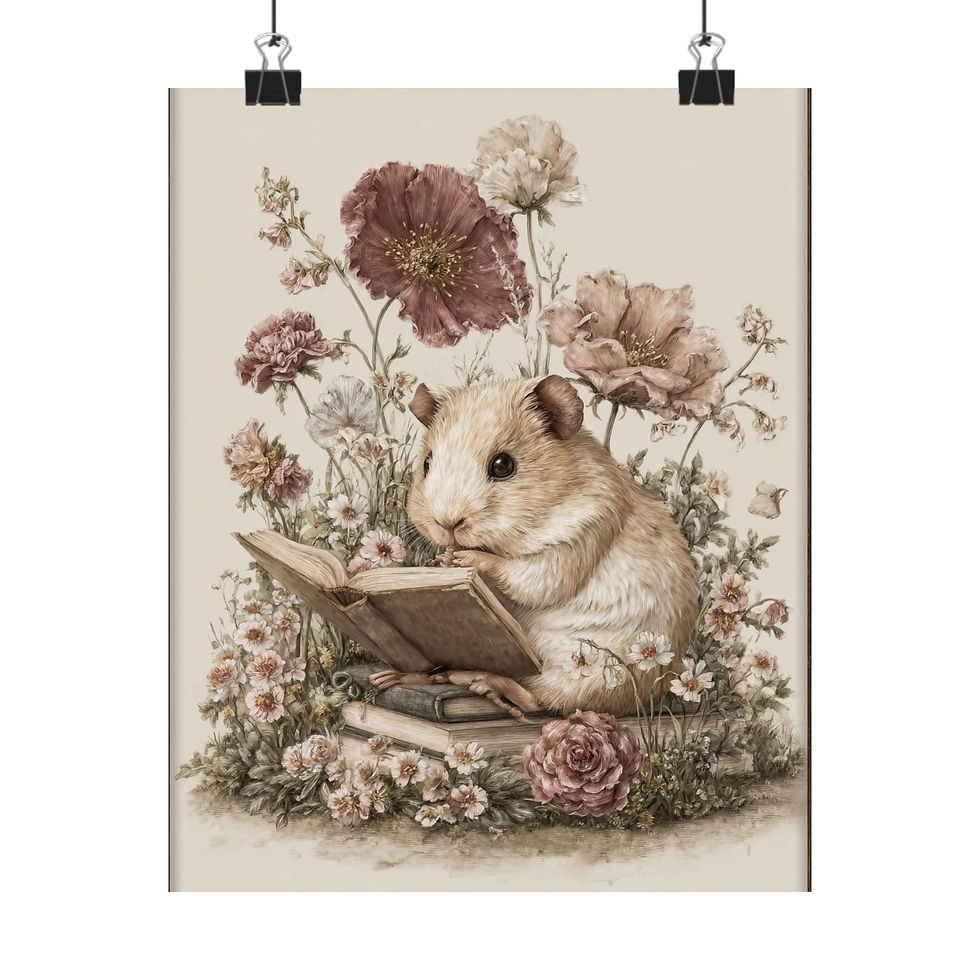 Guinea Pig Reading Art Print, Cottagecore Book Lover Poster