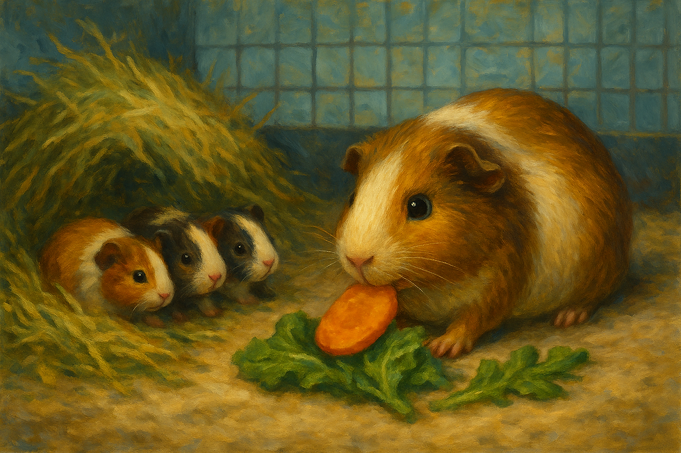 A mother guinea pig is eating a carrot while her pups watch.