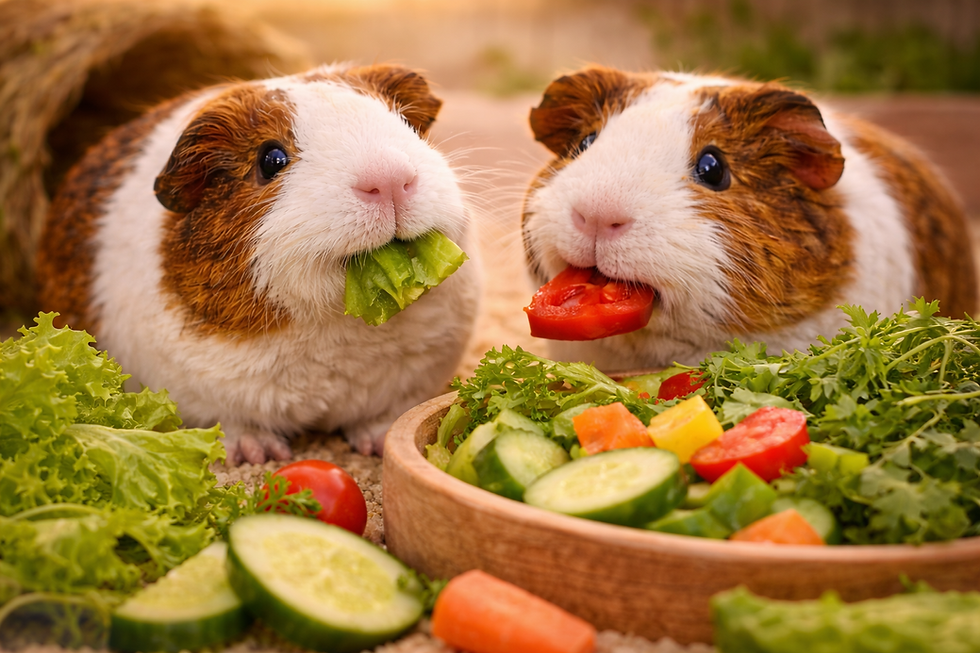 Two guinea pigs are eating vegetables.
