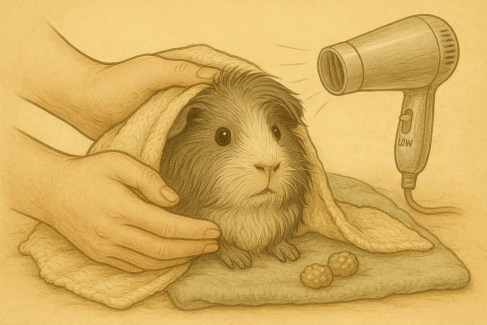 A person is towel drying a guinea pig. There is a blow dryer on low, drying the guinea pig's fur.