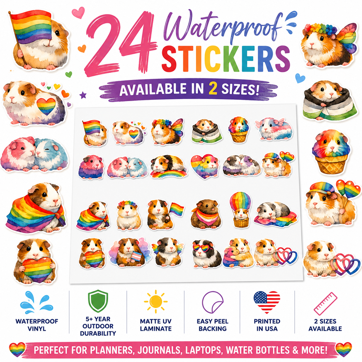 Rainbow Guinea Pig Sticker Sheet — Cute Pride Pet Planner Stickers