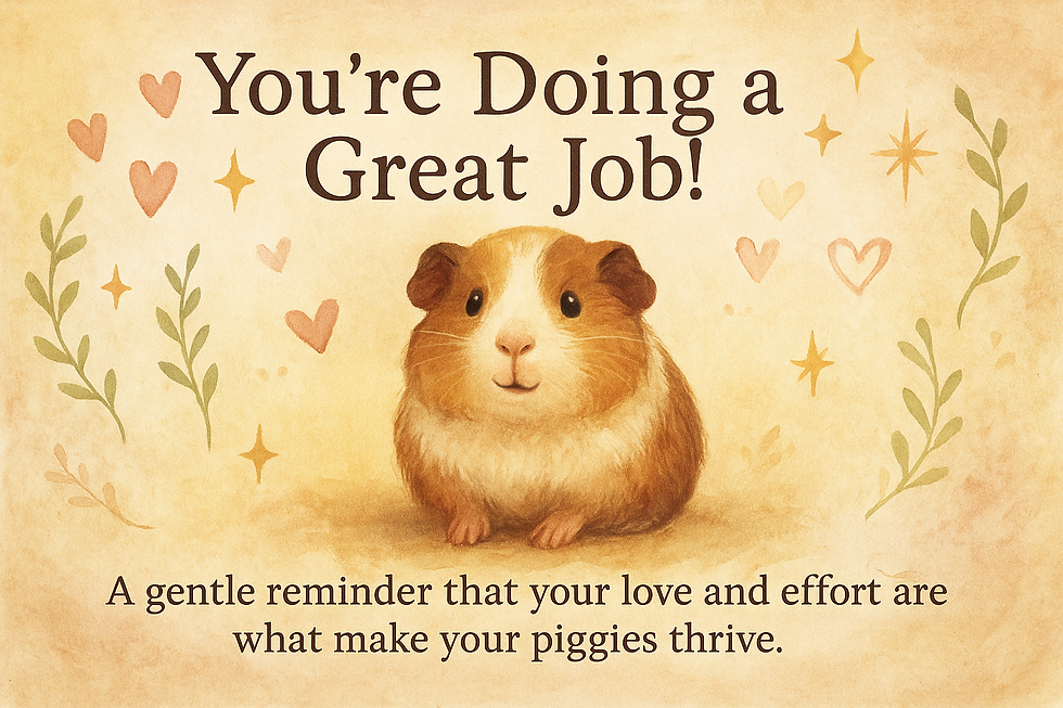 A guinea pig is resting with hearts, plants, and stars all around.
