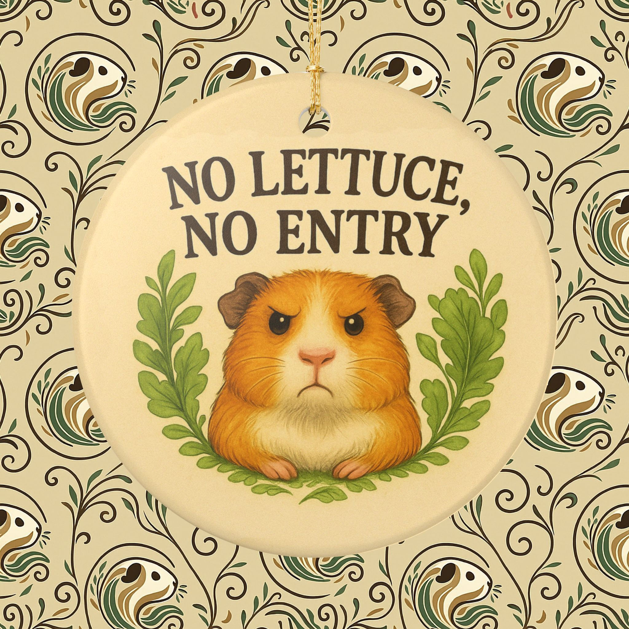 Funny Guinea Pig Ceramic Ornament - “No Lettuce, No Entry” 