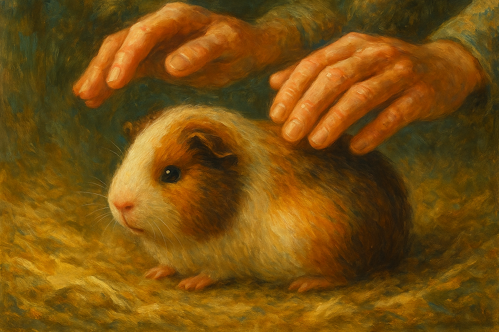 A person is gently reaching out to touch a guinea pig. They are being extra gentle because the sow is pregnant.