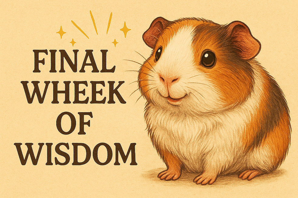 Final Wheek of Wisdom. A guinea pig is sitting, looking at the viewer.