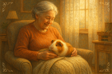 A woman is holding a guinea pig in her lap.