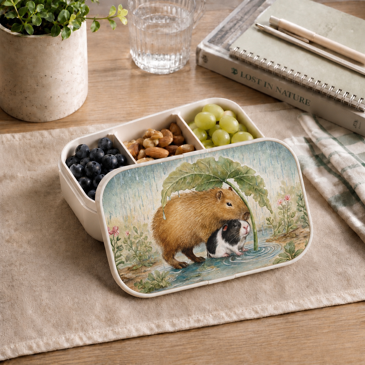 Bento Lunch Box - Cute Guinea Pig & Capybara Rainstorm Illustration