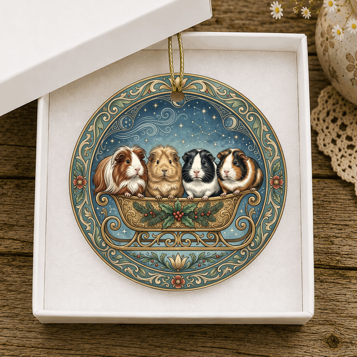 Guinea Pig Christmas Ornament Ceramic Holiday Decoration, Festive Sled Design