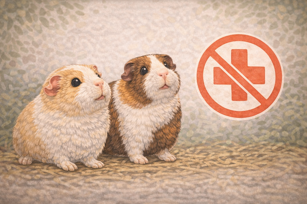 Two guinea pigs next to a red cross.