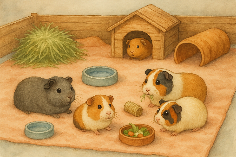 Setup Matters: Reduce Tension With Smart Housing. Five guinea pigs are in a well-designed C&C cage.