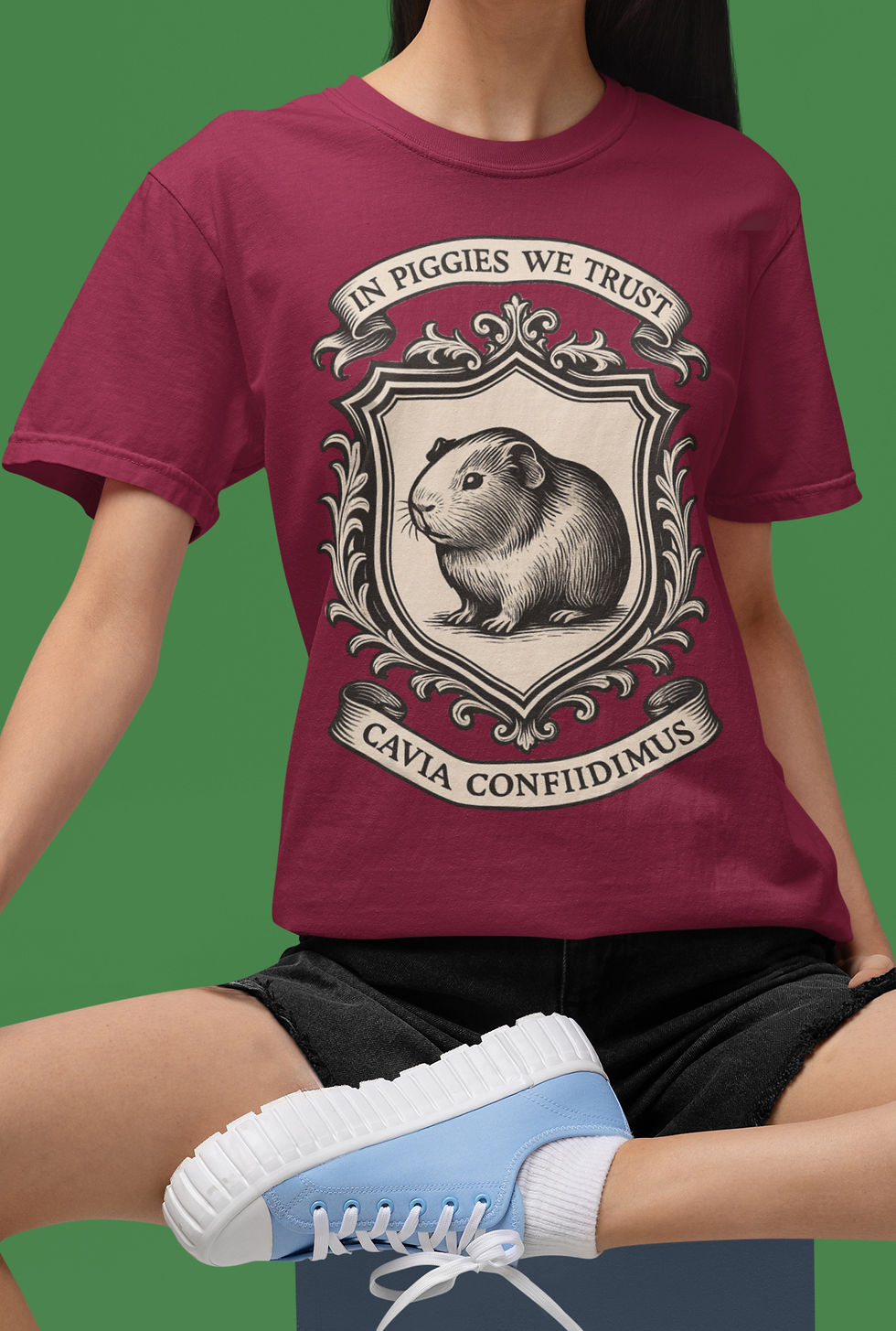Guinea Pig Honor Luxe T-shirt – “In Piggies We Trust” Coat of Arms