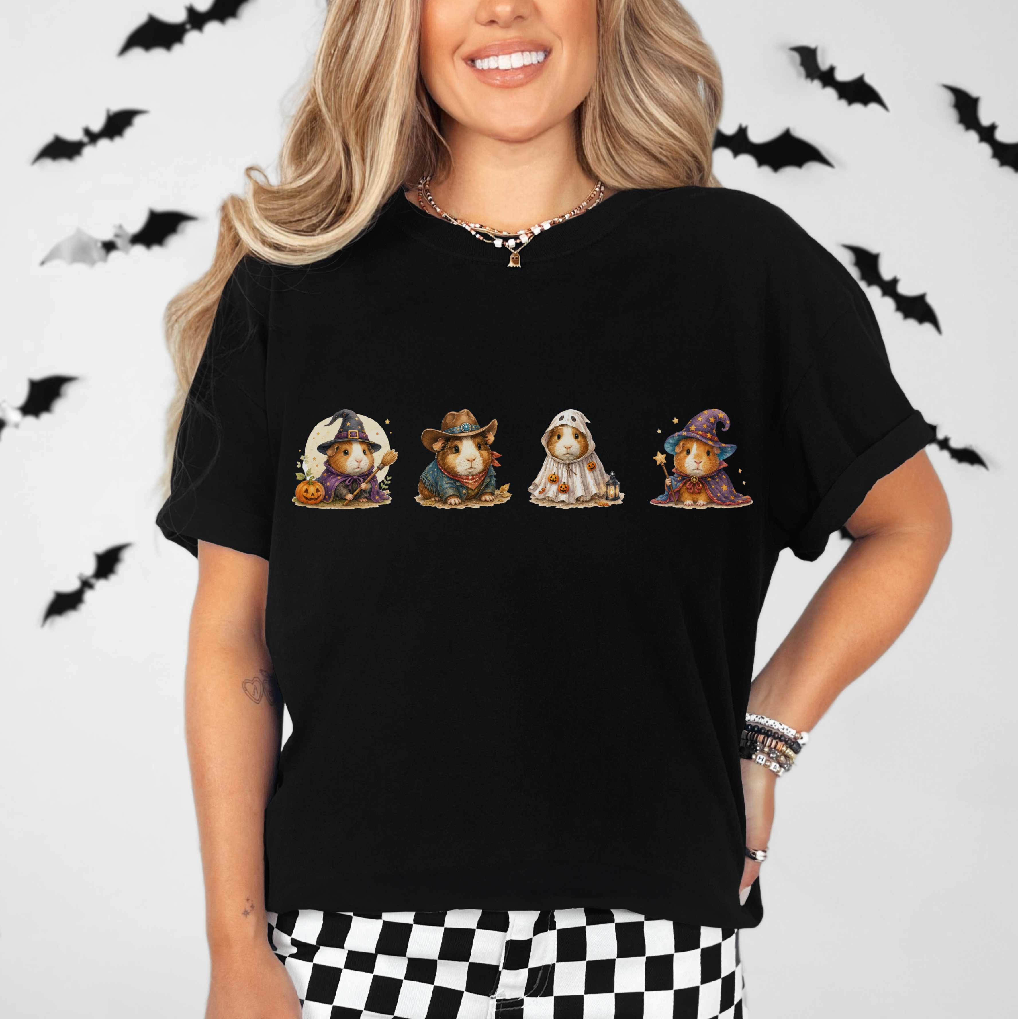 Halloween Guinea Pig Witch Cowboy Ghost T-Shirt | Cute Spooky Rodent Costume Tee