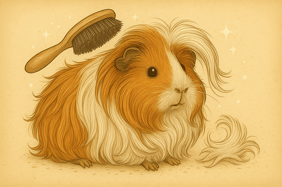 A long-haired guinea pig is being brushed.