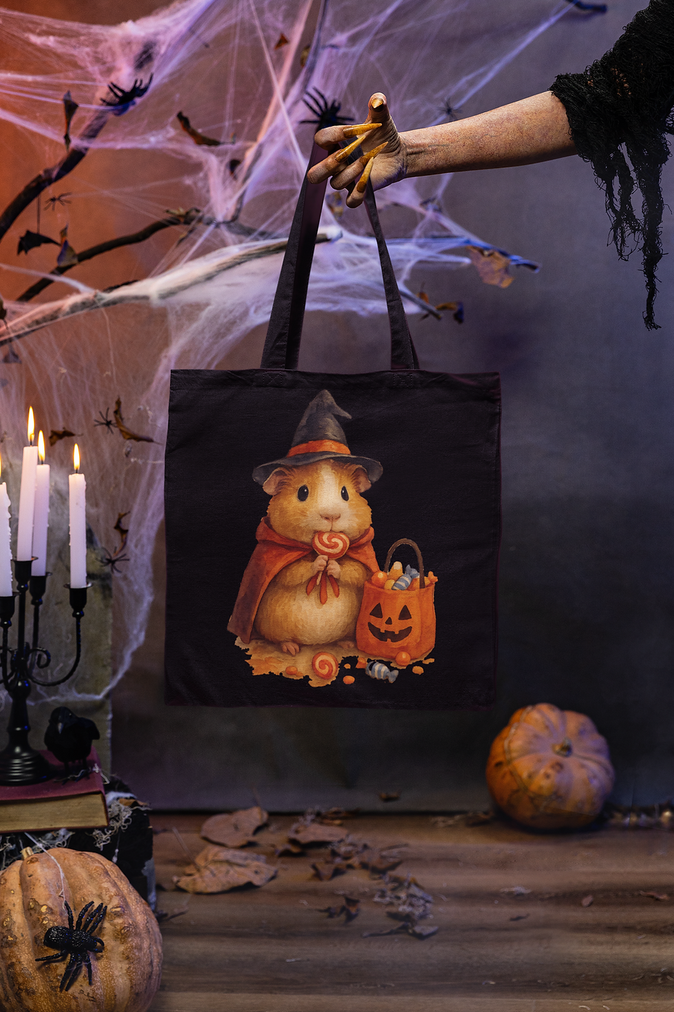 Thumbnail: Trick-or-Treat Piggy Halloween Tote Bag – Cute Candy-Collecting Cavy Design