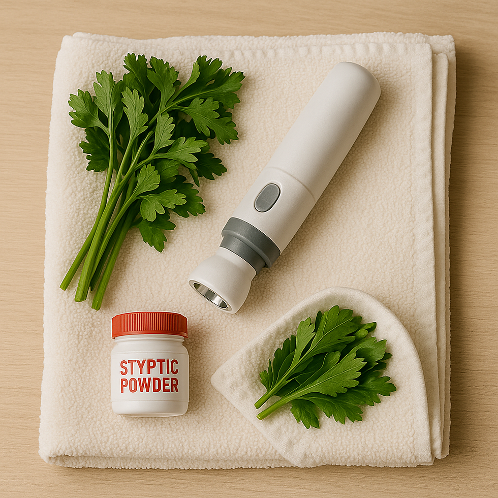 Parsley, styptic powder, and a flashlight all sitting on a towel.
