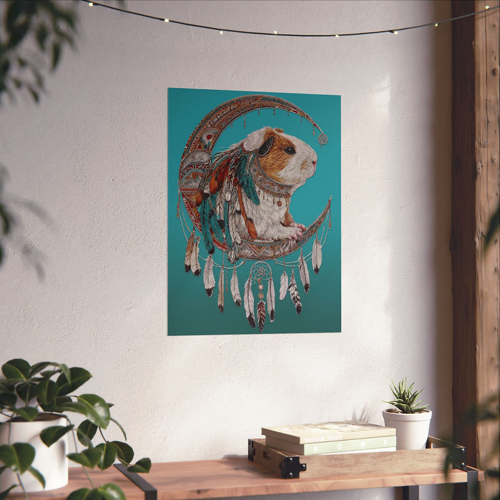Thumbnail: Guinea Pig Moon Poster, Whimsical Boho Wall Art, Dreamcatcher-Inspired Decor