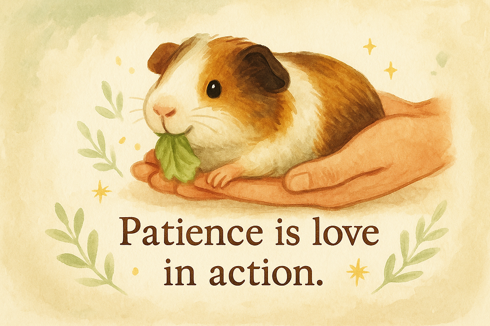 A guinea pig is eating a piece of lettuce while being held by two hands.