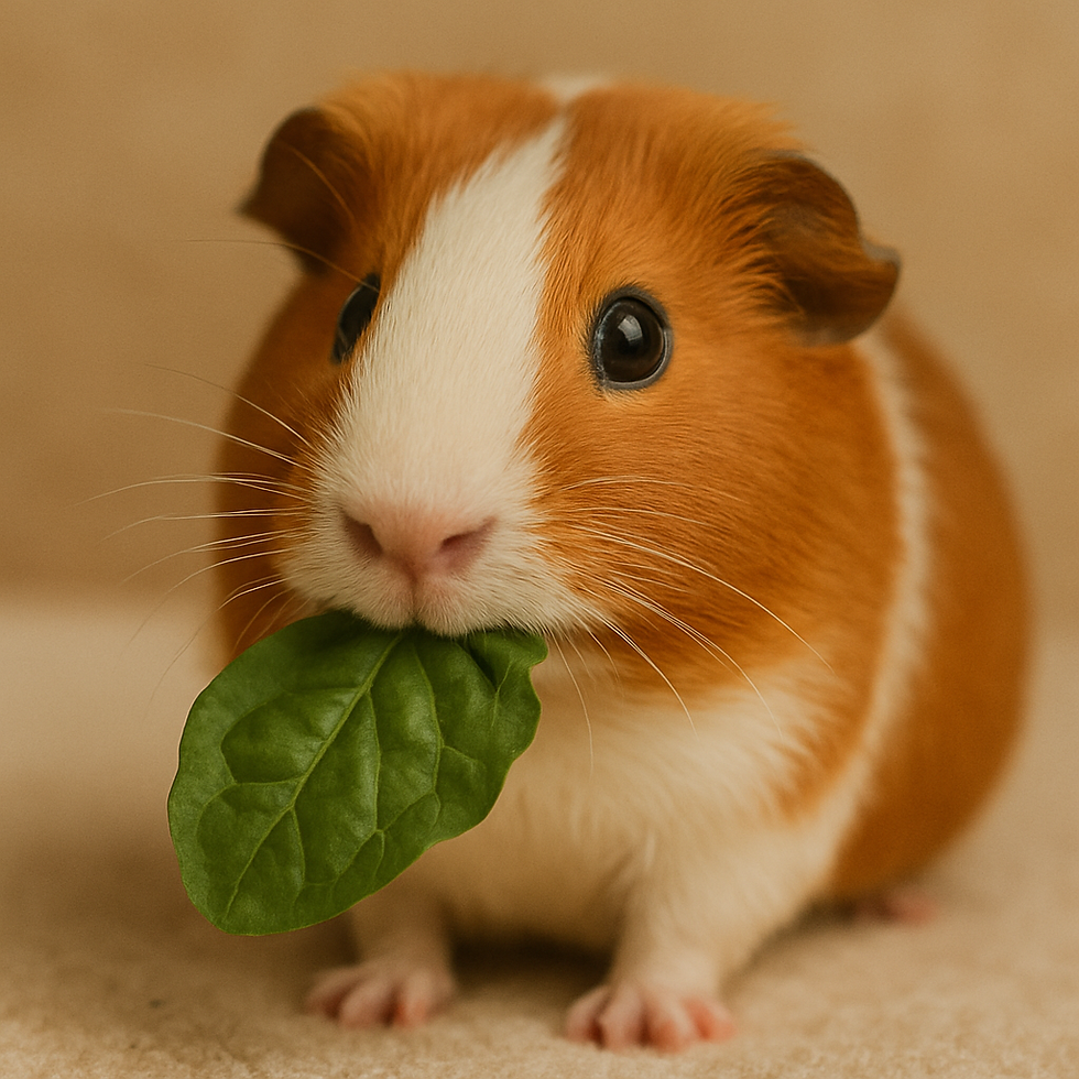 A guinea pig is getting a piece of spinach as a treat.