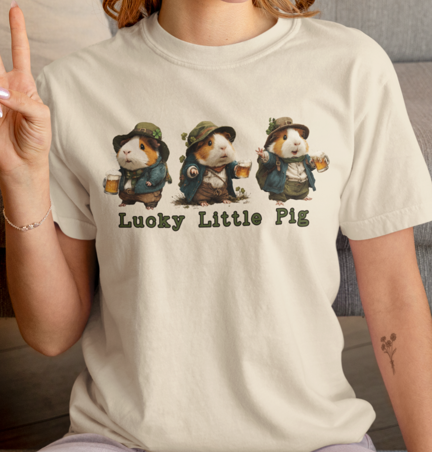 Lucky Little Pig St. Patrick's Day T-Shirt — Guinea Pigs with Beer