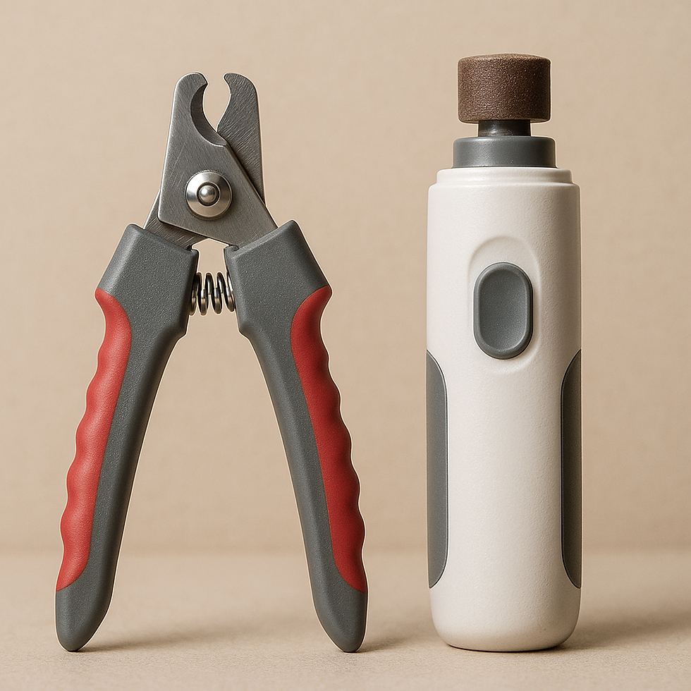 A small animal nail clipper is sitting next to a small animal pet nail grinder.