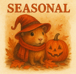 Aa guinea pig in a hat and scarf, sitting next to a pumpkin.