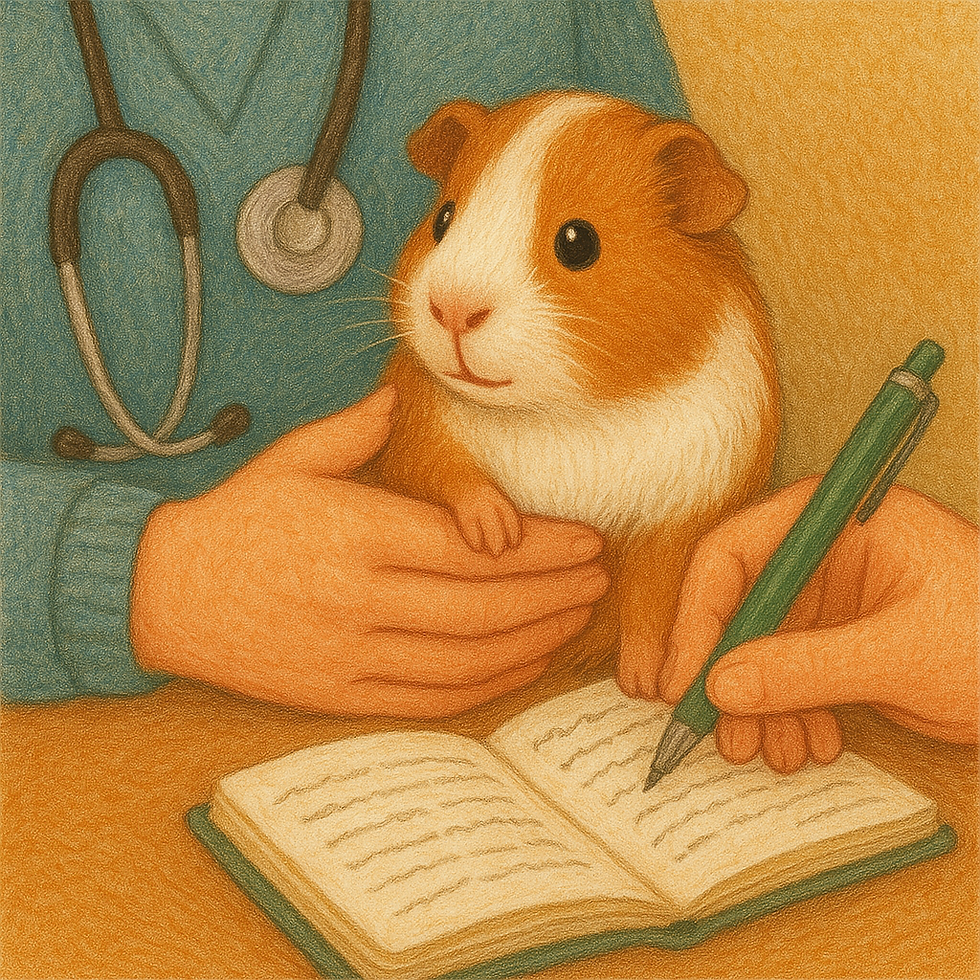 A veterinarian is holding a guinea pig while somebody takes notes.