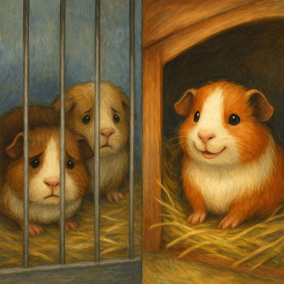 A split image. On one side are guinea pigs being kept in a pet mill. On the other side is a happy guinea pig being kept in a rescue.