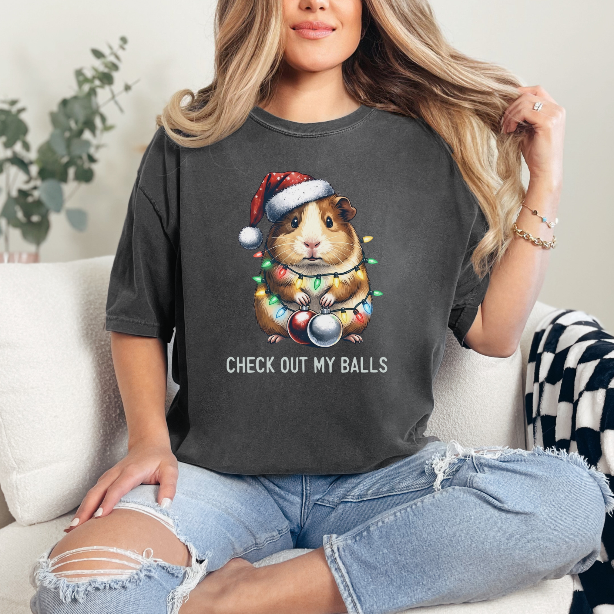 Christmas Guinea Pig "Check out my balls"T-shirt | Holiday Lights Ornament Tee