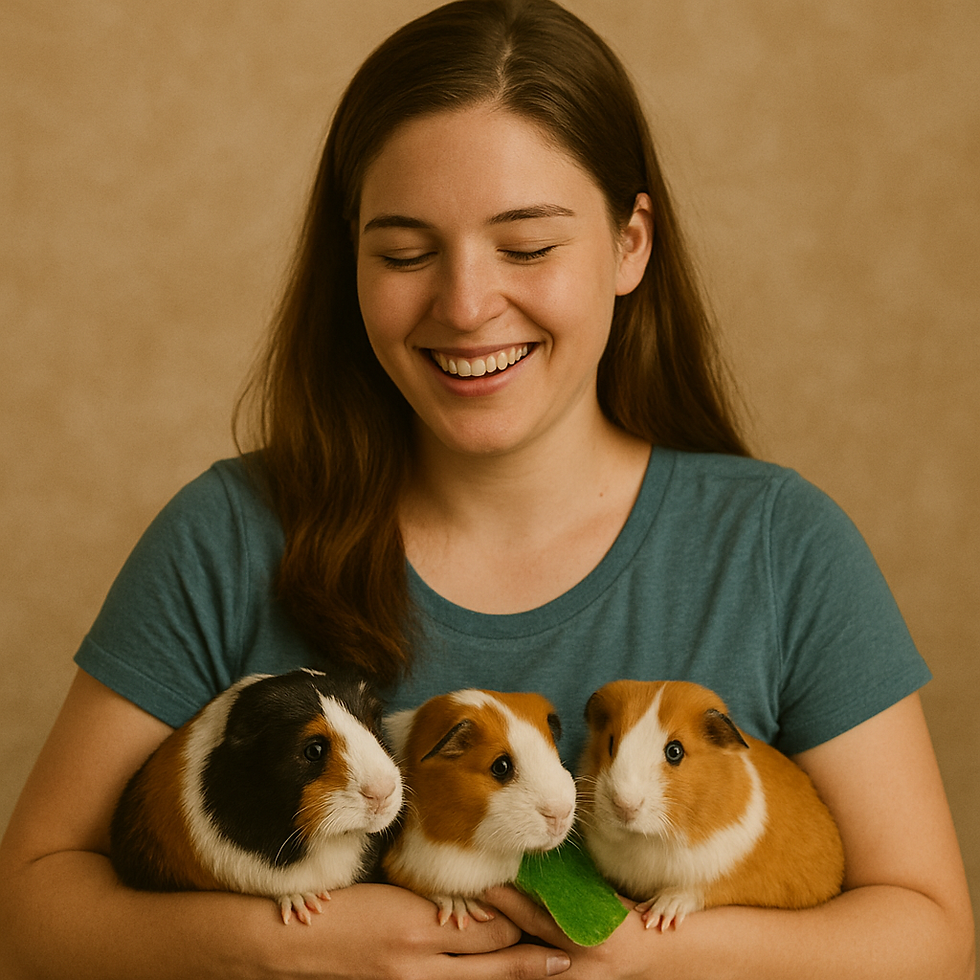 A young woman is proudly holding her three guinea pigs after they have had their nails trimmed.