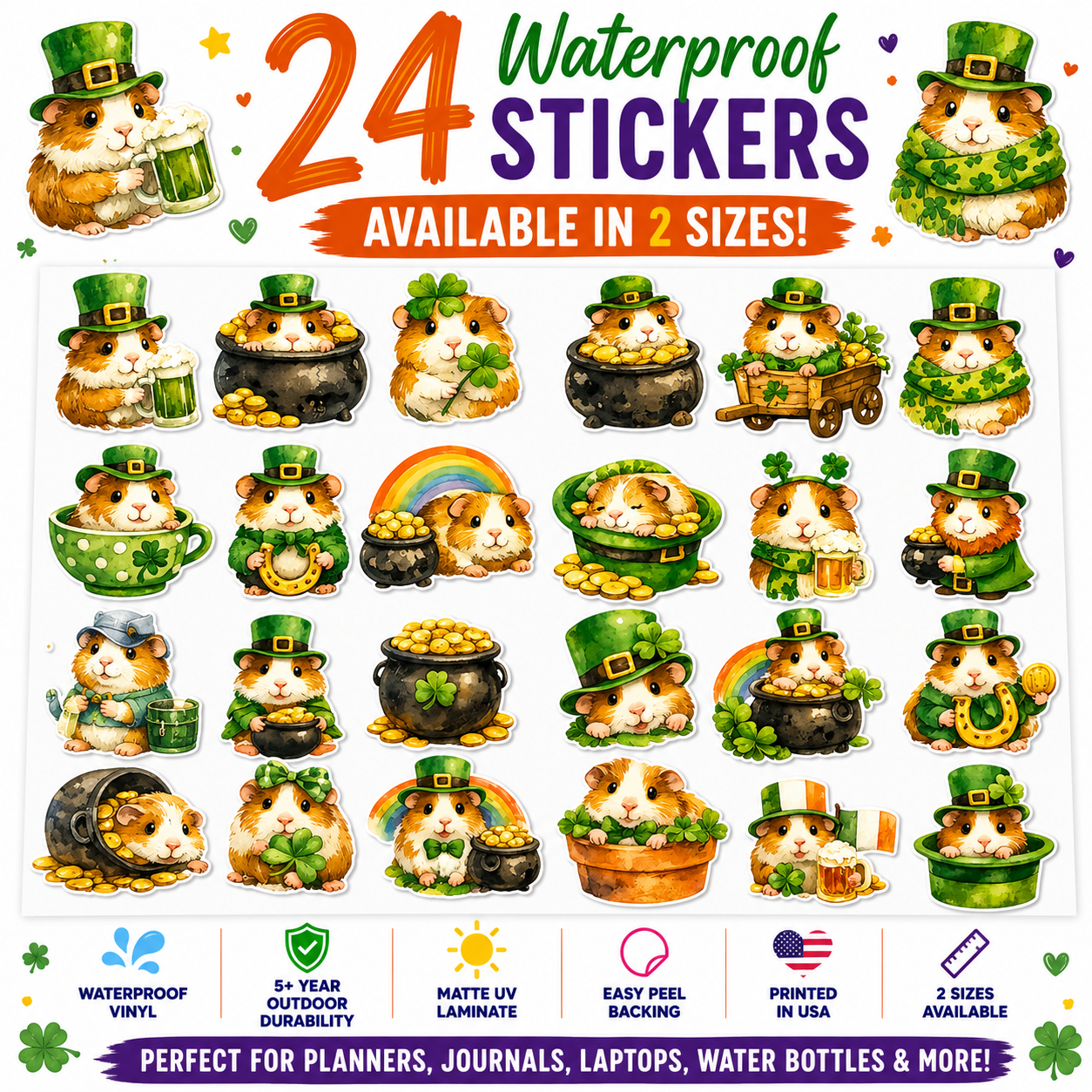 St. Patrick's Day Guinea Pig Stickers | Cute Shamrock, Leprechaun
