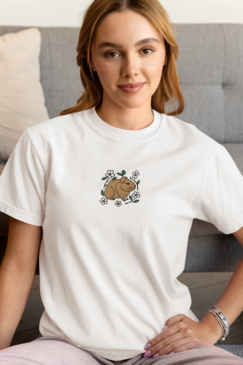 🌸 Cherry Blossom Cavy Tee – Embroidered Comfort with a Whiskered Touch 🌸