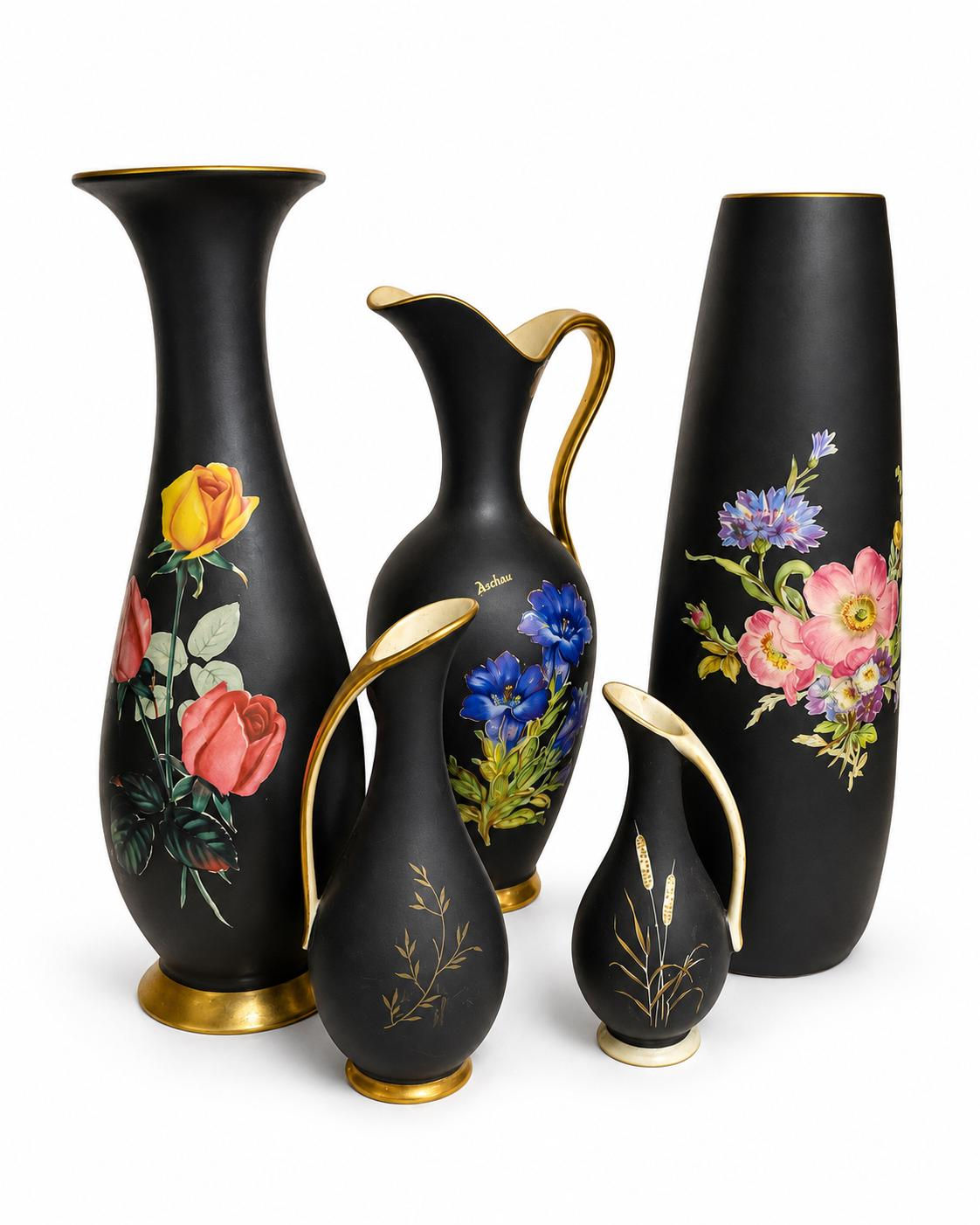 Schwarze Porzellanvasen mit Blumen und Gold, zur Auswahl