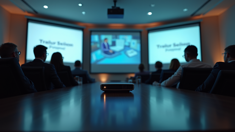 Close-up view of a projector displaying a corporate presentation in a conference hall