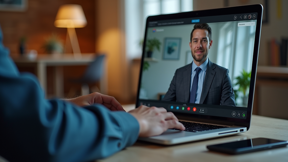 Close-up view of a laptop screen showing a live virtual event with interactive chat
