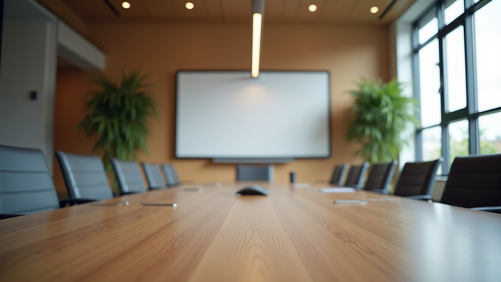 Eye-level view of a modern conference room with hybrid meeting setup