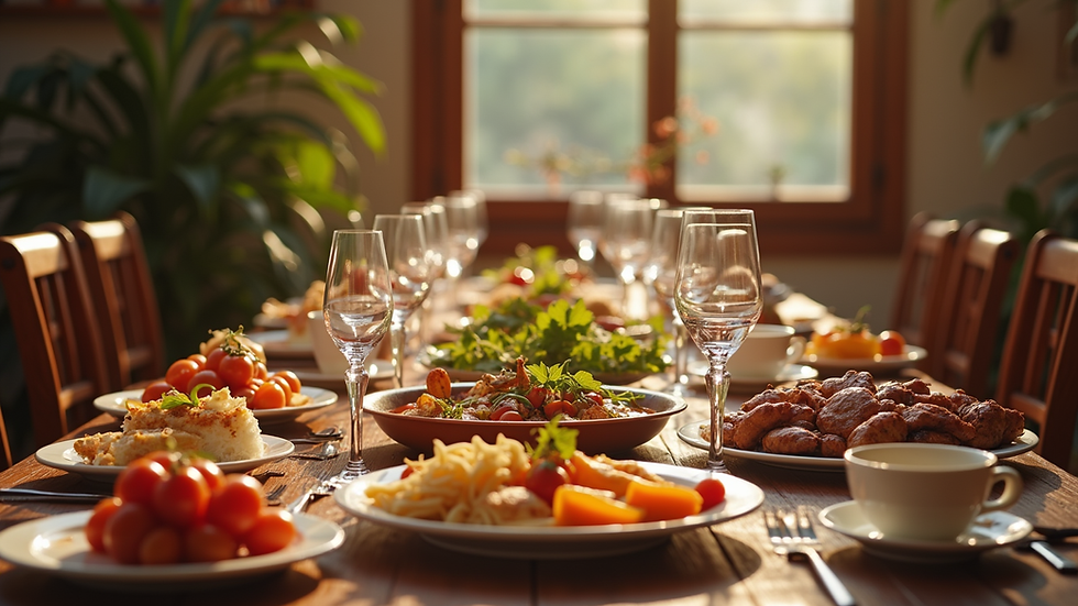 Wide angle view of a community feast with traditional Greek food and decorations