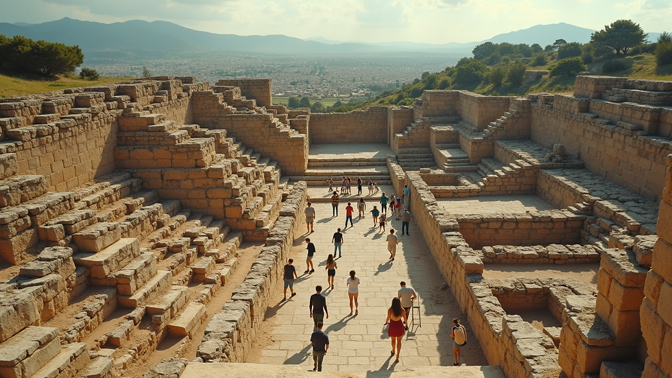 High angle view of a group of students exploring an ancient Greek archaeological site