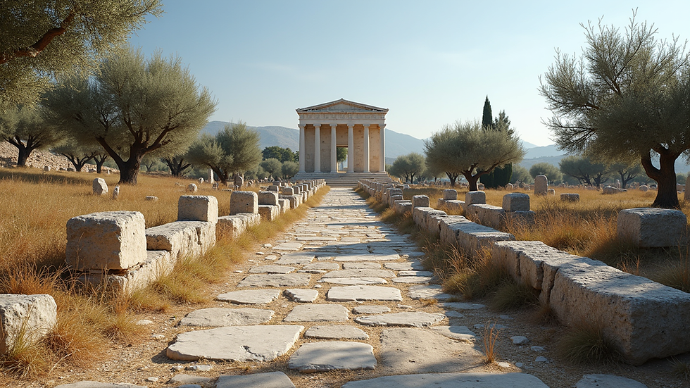 Eye-level view of ancient Greek ruins with olive trees in the background