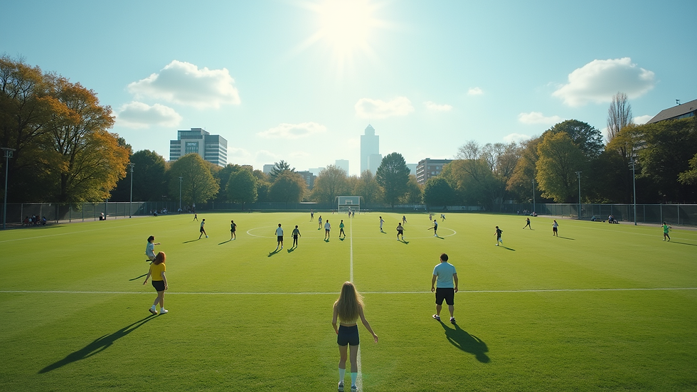 Wide angle view of a sports field with students participating in outdoor activities