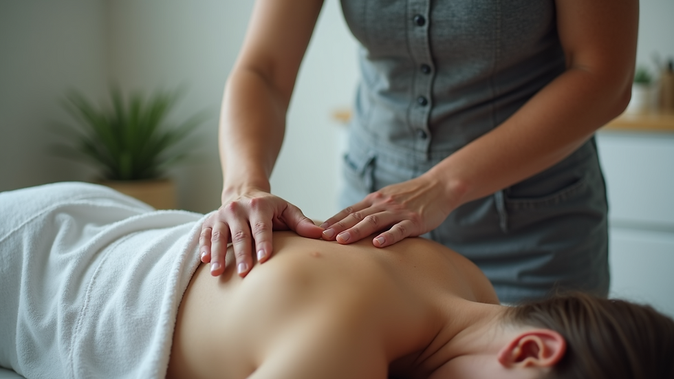 Close-up view of a therapist applying neuromuscular therapy techniques on a client's back