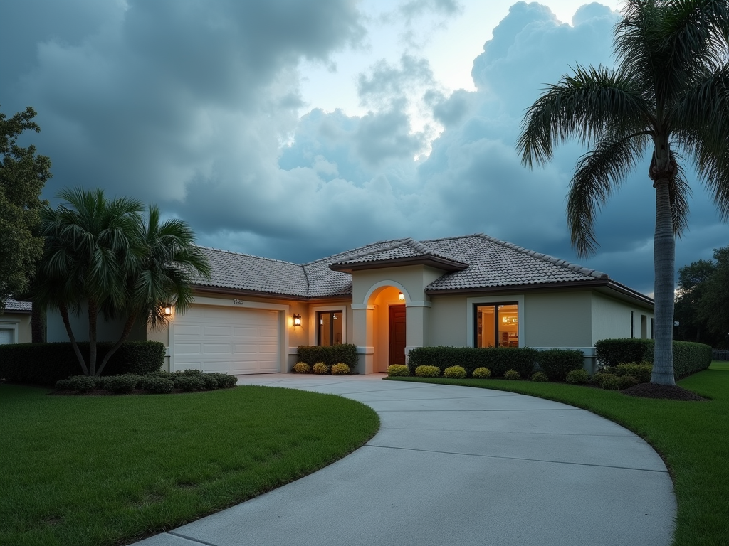 Stormy Florida clouds over a clean residential driveway.