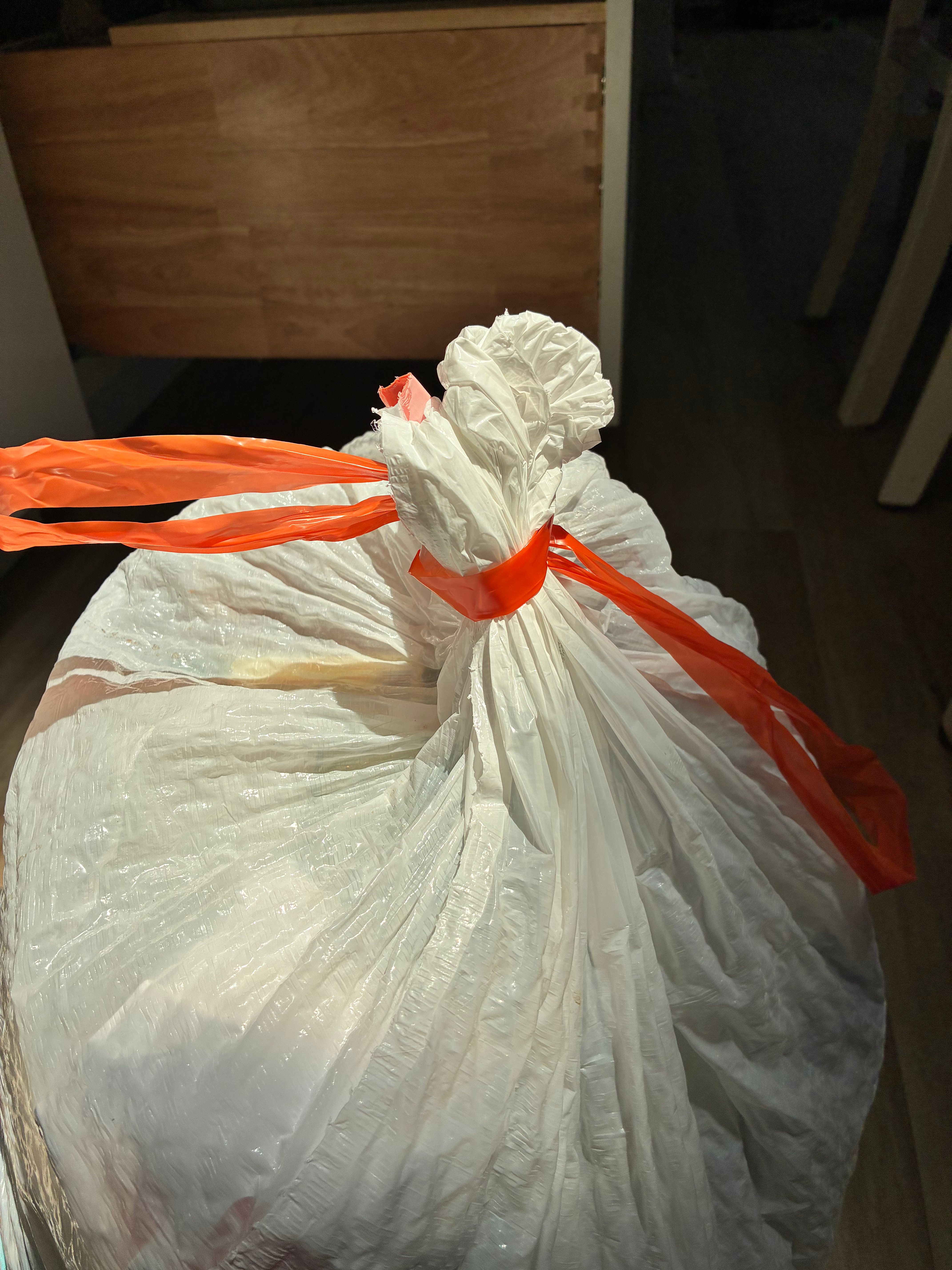 A tightly tied white garbage bag.